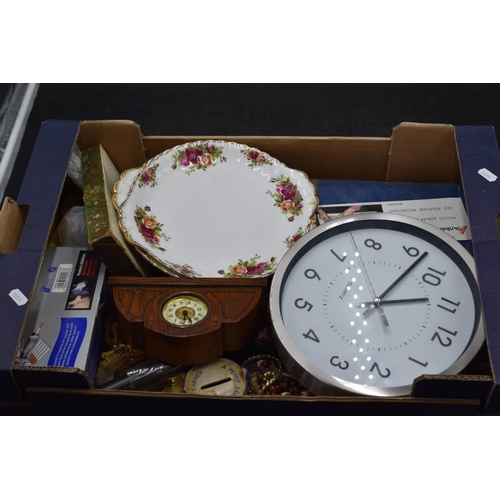 602 - Mixed House Clearance Box Incl Royal Albert Old Country Roses Plates, Clocks, and More