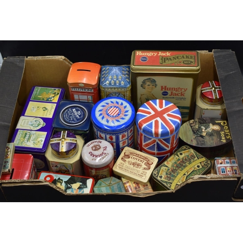 605 - Selection of Vintage and Modern Advertising Storage tins including Hungry Jack Pancake Mix