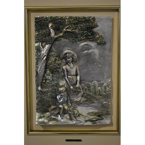 276 - Painted Plaster Cast Picture of Children with Dog in a Faux Leather and Gilt Frame (24