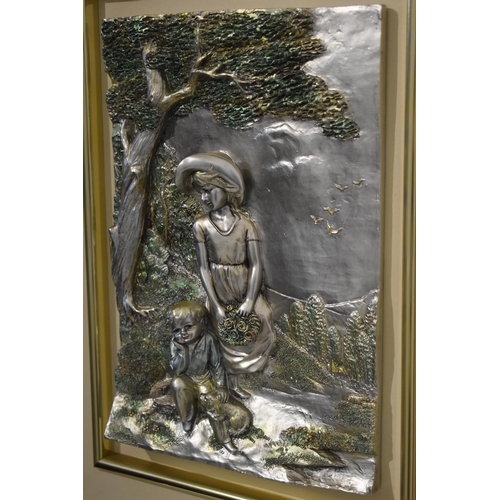 276 - Painted Plaster Cast Picture of Children with Dog in a Faux Leather and Gilt Frame (24