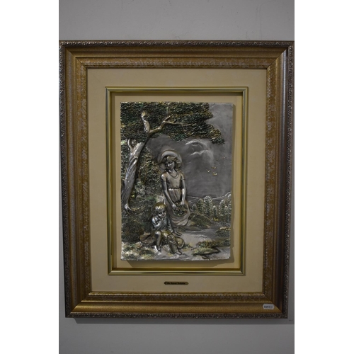 276 - Painted Plaster Cast Picture of Children with Dog in a Faux Leather and Gilt Frame (24