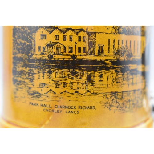 165 - Pottery Tankard of Park Hall Chorley. Picture of Park Hall printed at the front with a historical de... 