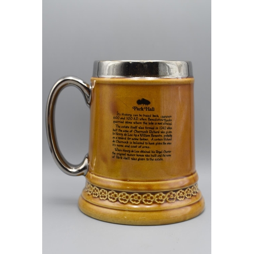 165 - Pottery Tankard of Park Hall Chorley. Picture of Park Hall printed at the front with a historical de... 