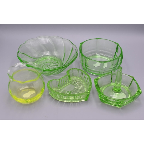 177 - Selection of Uranium Art Glass Bowls, Dishes and Ring Holder