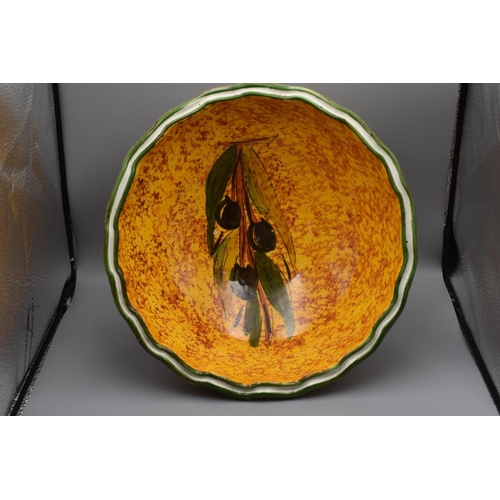 202 - Retro Ceramic Fruit Bowl on Pedestal. Orange Mottled Colour with Painted Olives in the Bowl and a Gr... 