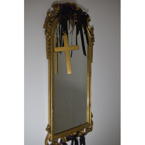 351 - Gothic Style Gold Effect Mirror with Ribbons and Crucifix