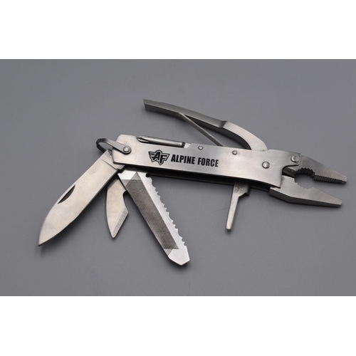 471 - Stainless steel Alpine Force Multi tool. Knife, pliers, saw, screwdriver in a belt pouch