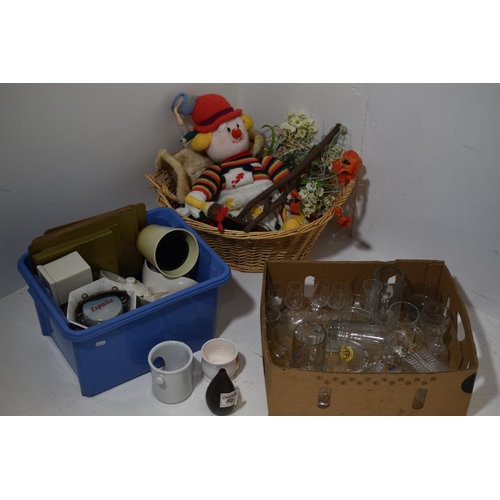 655 - Large Mixed lot to include Wicker Basket, Ceramics, Decanter and more in 3 Boxes