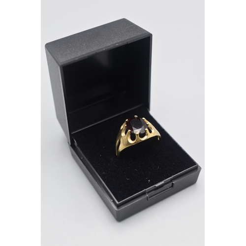 11 - Hallmarked Sheffield 375 Gold and Large Garnet Stoned Ring (Size W) Complete with Presentation Box