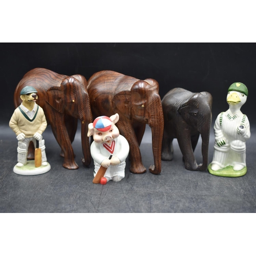 146 - Three Wooden Mid Century Elephants, together with a Selection of Ceramics including Country Companio... 