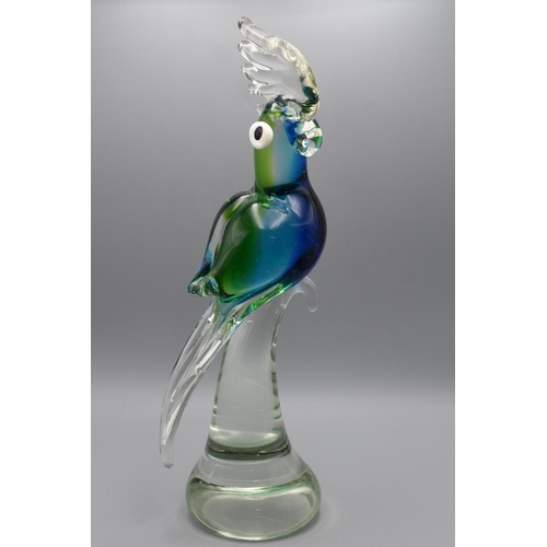 158 - Hand Blown Glass Cockatoo - Clear / Green and Blue.  31cm tall.