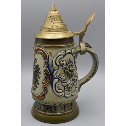 167 - Austrian Beer Stein with Lid (19cm). Original KING Handmade and Handpainted pottery with metal lid.