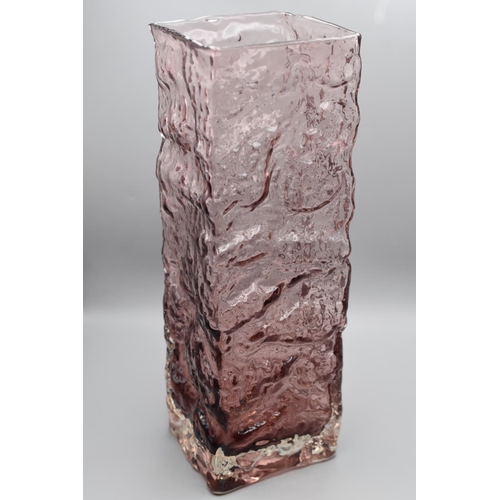 177 - Whitefriars aubergine 'Bark' pattern square glass vase, 12