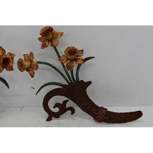 189 - 2 x Vintage Aged Wrough Iron Daffodil Wall Hangings. Heavy unique pieces which were painted at a lat... 