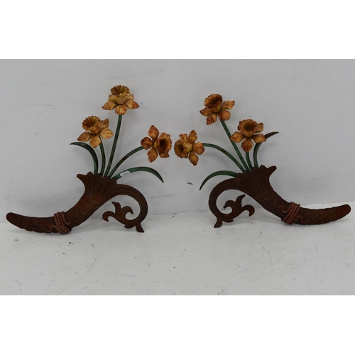 189 - 2 x Vintage Aged Wrough Iron Daffodil Wall Hangings. Heavy unique pieces which were painted at a lat... 