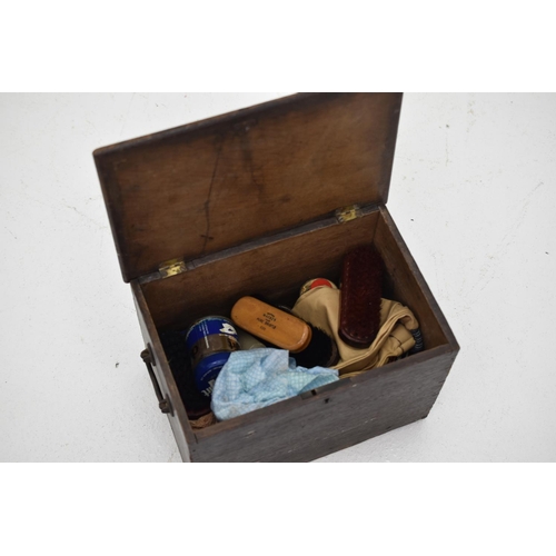 191 - Vintage Wooden Storage Box with Metal Handles and a Selection of Shoe Cleaning Materials