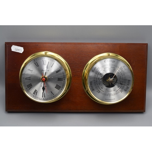 192 - Brass Clock & Barometer (Weathermaster) on a Wooden Plaque