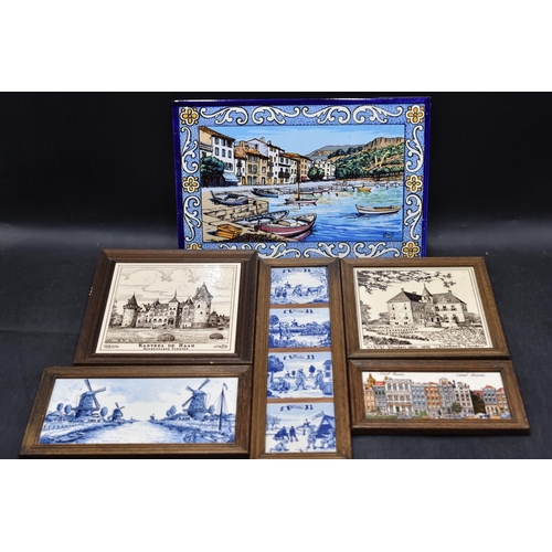 201 - Selection of Framed Dutch Ceramic Wall Tiles and a Larger Tile Depicting Meditareanian Scene