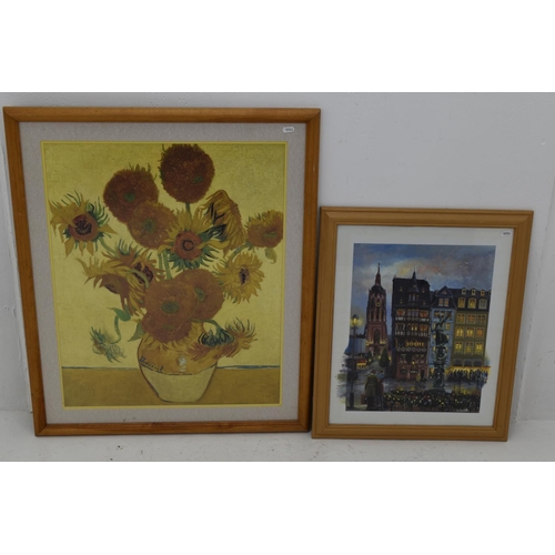 242 - 2 x Large Framed Prints. Sunflowers by Van Gough (60x73cm) and a Street Scene at dusk by S Rachelle ... 