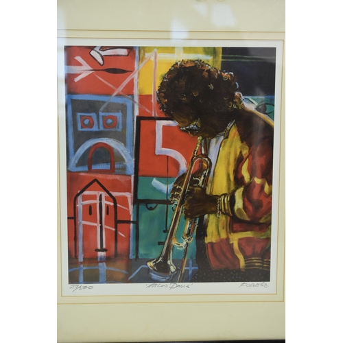 243 - Large Framed Print of Miles Davis signed by the artist Piliotis. Print 27/500. 60x52cm.