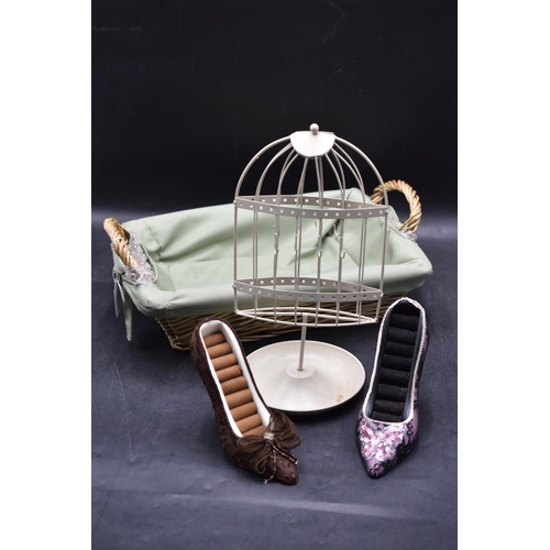 264 - Rattan Basket with two Shoe Ring Displays and a Wire Jewllery Stand