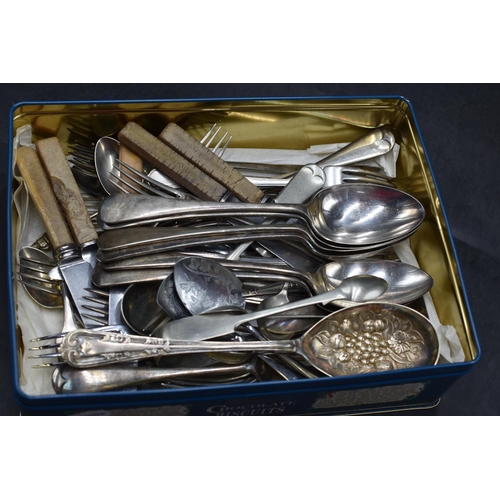 273 - A tin of Mainly Plated Cutlery Includes Walker and Hall Large Spoons