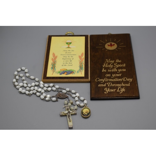 296 - Two Vintage Wooden Holy Plaques, One is for Confirmation Day and one for First Communion Day Plus Ro... 