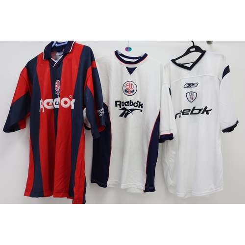 13 - Three Bolton Wanderers Reebok Football Shirts Extra Large Includes Bergsson and Red + Blue Away Shir... 