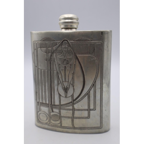 147 - A Charles Rennie Mackintosh Hip Flask in Pewter. 12cm Tall x 8.5cm Wide