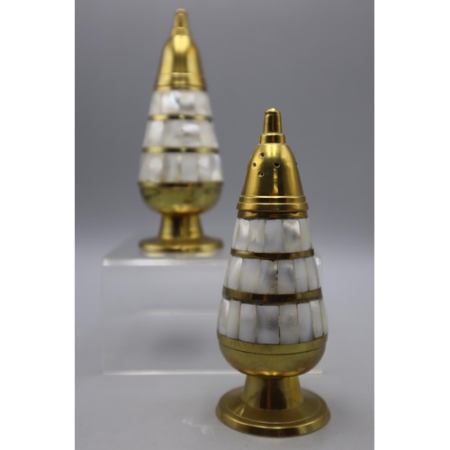 150 - Pair of Brass and Mother of Pearl Salt and Pepper Pots