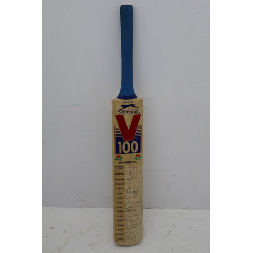 64a - Lancashire C.C.C. Signed Slazenger Cricket Bat with 16 Signatures including Mike Atherton, Wasim Akr... 