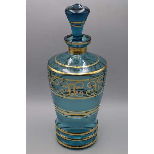 182 - Mid Century Turquoise and Gold Glass Decanter (11