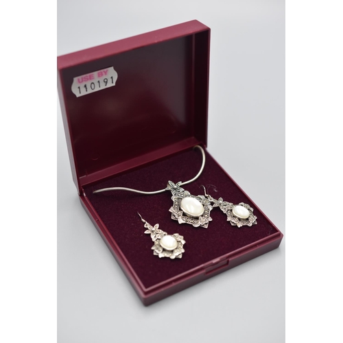 10 - Silver 925 Marcasite Silver Pendant, Necklace and Earring set Complete with Presentation Box