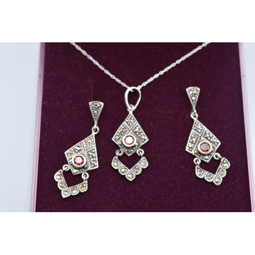 26 - Vintage Silver Diamante and Red Stoned Necklace pendant and Earring Set Complete with Presentation B... 