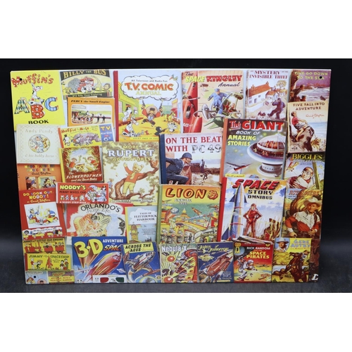 155 - Metal Sign Montage Depicting Vintage Books to include Rupert, Lion, Space, On The Beat with PC 49 (1... 