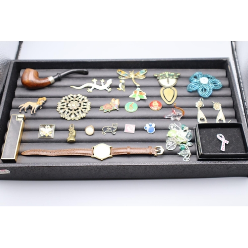 71 - Collectors Tray including Real Briar Pipe, Brooches, Silver Earrings, Manx Cat Pin Badge and More