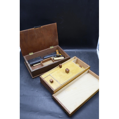 172 - 2 wooden craft boxes - 1 is compartmentalised and the other containers a few tools one of which is a... 