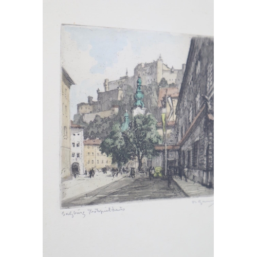 190 - Antique Signed Coloured Lithograph of Street Scene in Framed and Glazed Mount (11