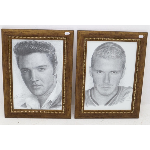 195 - Two Jonathan Wood Pencil Drawing Prints. 1 of Elvis and the other of David Beckham. Each is in a Woo... 