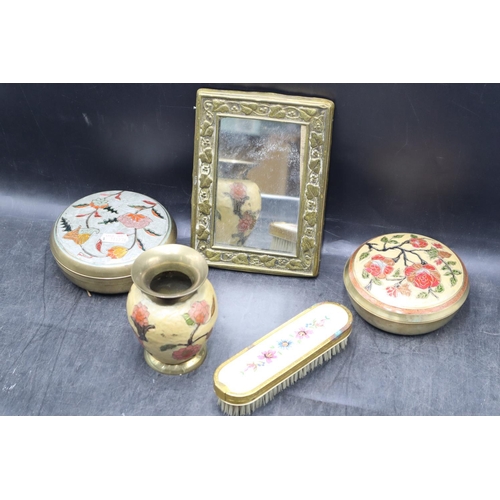 131 - Dressing Table collection of trinket bowls, vase and brush each with brass coating and floral design... 