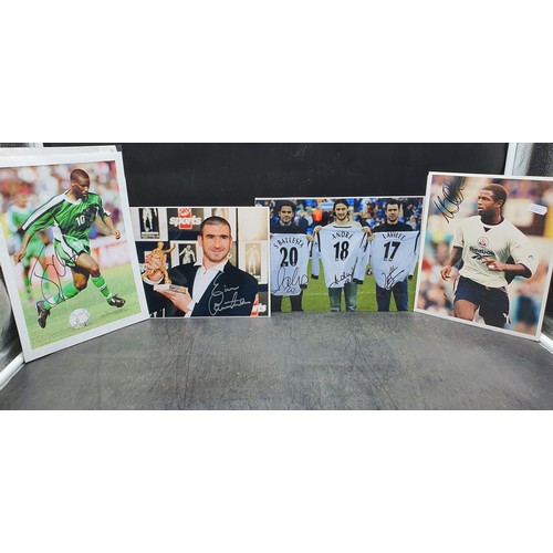 44 - Four Autographed Footballer Photos. Eric Cantona, Nathan Blake, Jay Jay Okocha and a Trio of Signatu... 