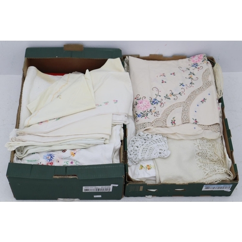 514 - Two Boxes of Mixed Linen, Dollies, Embroidered Pillowcases, Table Cloth and More