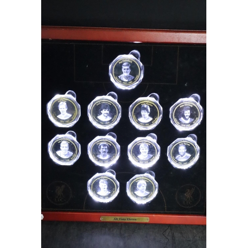 86 - Set of 11 Laser etched Medallion's of Liverpool's Greatest ever team in Illuminated Display Case