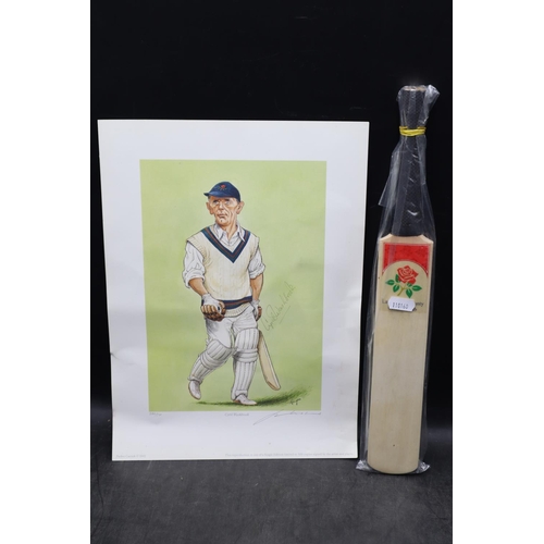 89 - Signed Cyril Washbrook Cartoon and and Official LCC Mini Cricket Bat  ( Apptox 12