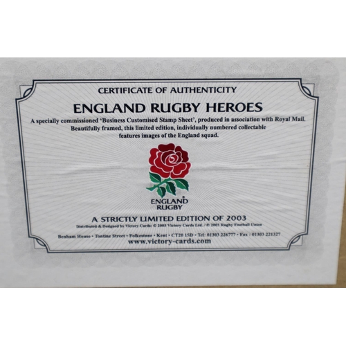 93 - England Rugby Heroes 2003 First Edition Number 1960 of 2003 Stamp Sheets Framed and Glazed