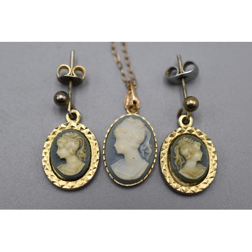 8 - Matching Cameo Necklace and Earring Set on 9ct Gold Chain Complete with Presentation Box