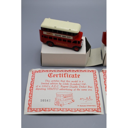 313 - Two Lledo Die cast London Buses Advertising Vimto with certificates of authority