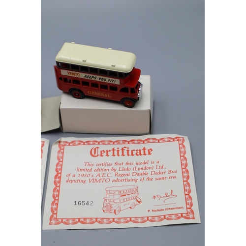 313 - Two Lledo Die cast London Buses Advertising Vimto with certificates of authority