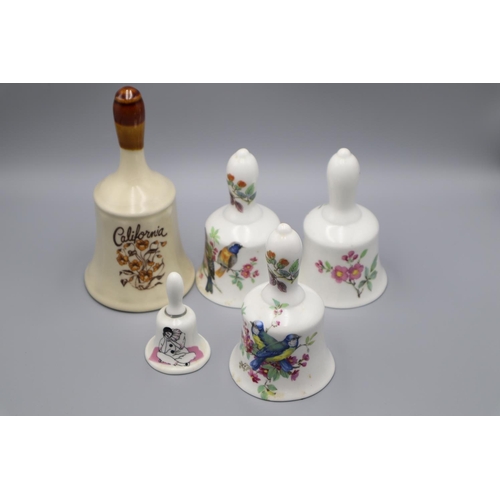 424 - 5 x bone China / ceramic bells from 6 - 14cm designs (3) with birds, 1 Pierrot Love and other with f... 