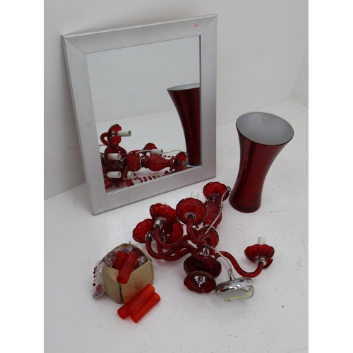 427 - Mixed Lot including; Unused / Untested Red Chandelier, Red Glass Vase and a Silver Wooden Mirror 62x... 